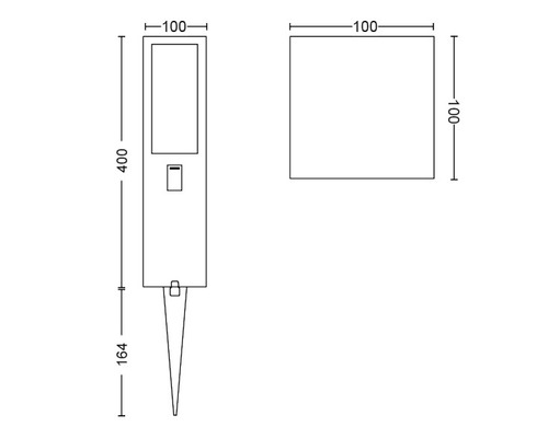 Schéma technique d''un luminaire de jardin avec piquet de terre et indications de dimensions.