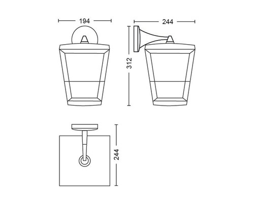 Technische Zeichnung einer Wandleuchte mit Maßangaben