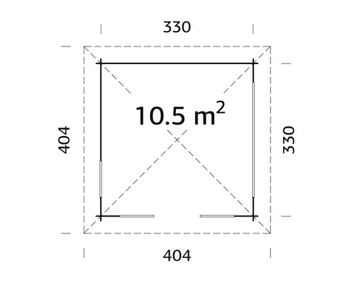 Grundriss eines Gartenhauses mit den Maßen 404 mal 404 und 330 mal 330 Zentimeter sowie einer Fläche von 10,5 Quadratmetern
