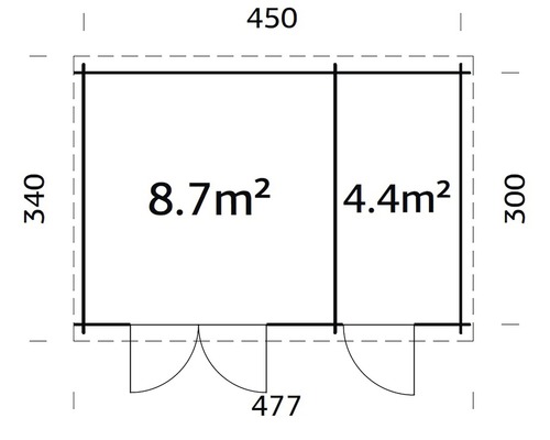 Plan d''un abri de jardin mesurant 450 sur 340 centimètres et d''une superficie de 8,7 mètres carrés plus 4,4 mètres carrés