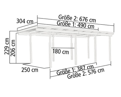 Abmessungen eines Carports mit Angaben zu Höhe, Breite und Tiefe in Zentimetern.