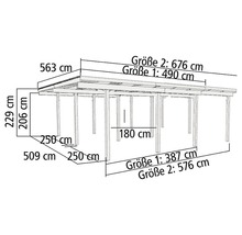 Abmessungen eines Holzpavillons mit verschiedenen Größenangaben in Zentimetern
