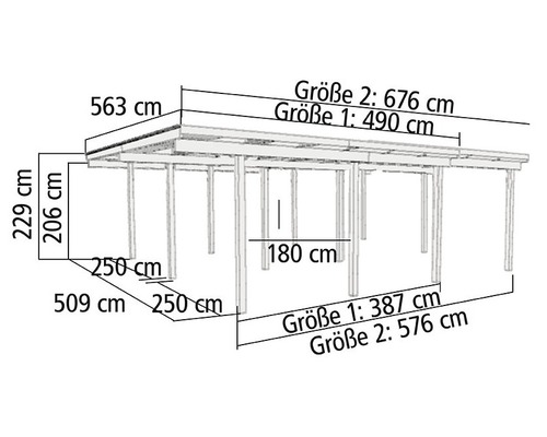 Masse einer Terrassenüberdachung mit verschiedenen Grössenangaben.