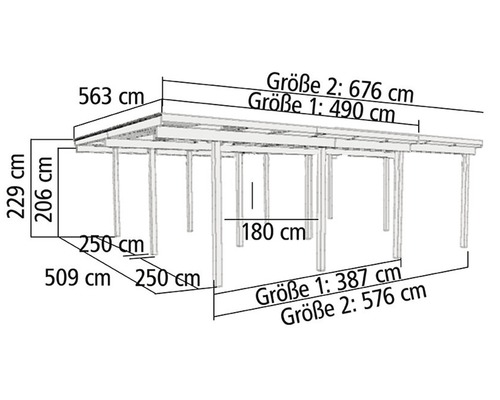 Technische Zeichnung einer Terrassenüberdachung mit Maßangaben