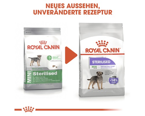 Zwei Verpackungen Royal Canin Sterilised Mini Hundefutter, neue und alte Version