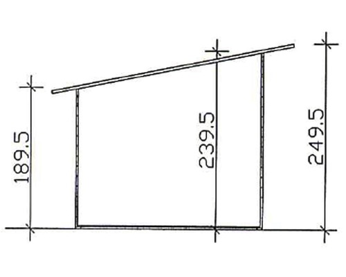Technische Zeichnung eines Gerätehauses mit Höhenangaben in Zentimetern.