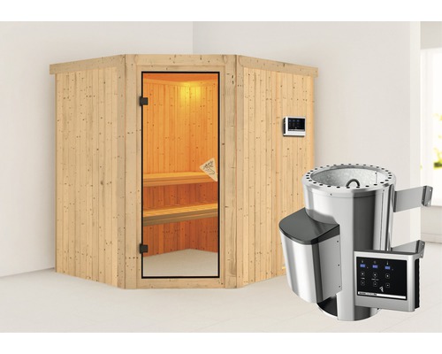 Sauna en bois massif Karibu Silja avec poêle 3,6 kW et commande extérieure, sans couronne