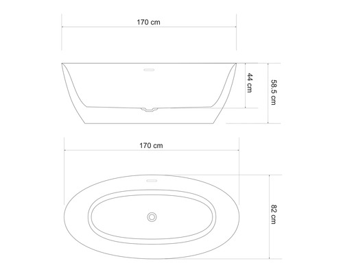 Zeichnung einer Badewanne mit den Maßen 170 cm Länge und 82 cm Breite