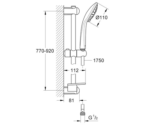 Dessin technique d''une barre de douche avec douchette et indications de dimensions