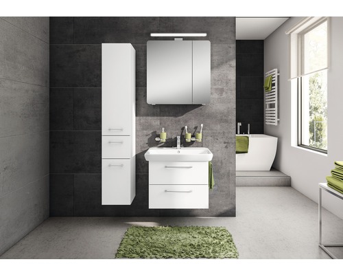 Ensemble de meubles de salle de bains pelipal Sunline 105 blanc haute brillance Salle de bains lumineuse avec meuble sous-lavabo, armoire de toilette, armoire haute et baignoire