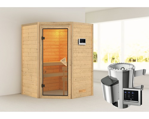 Sauna en madriers Karibu Flicja avec poêle 3,6 kW et commande extérieure, sans couronne