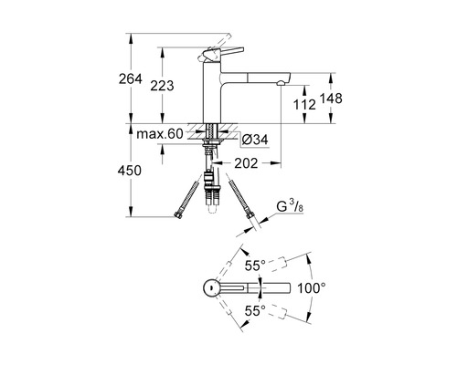 Schéma technique d''un robinet avec indication des dimensions