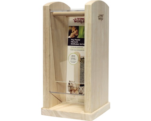 Râtelier à foin en bois avec étagères transparentes et logo Living World