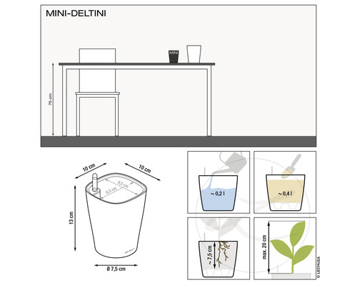 Dimensions du pot de fleurs Lechuza Mini Deltini avec système d''irrigation et instructions d''utilisation