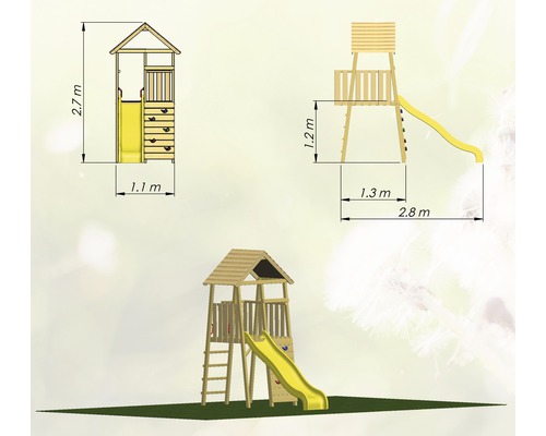 Dessin technique d''une tour de jeux avec toboggan et mur d''escalade avec dimensions