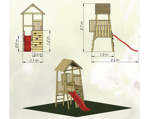 Illustration eines Spielturms mit Rutsche und Kletterwand mit Maßangaben