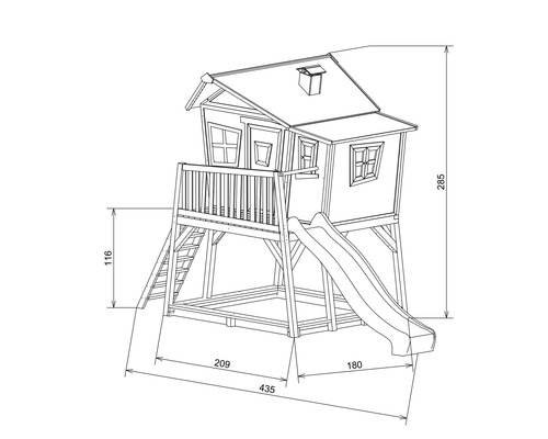 Technische Zeichnung eines Spielhauses mit Rutsche und Leiter