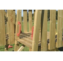 Spielturm Pinguin Holz mit Kletterwand, Schaukel, Sandkasten und Rutsche gelb