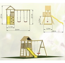 Spielturm Pinguin Holz mit Kletterwand, Schaukel, Sandkasten und Rutsche gelb