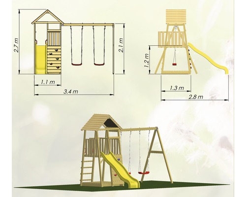 Illustration eines Spielturms mit Schaukel und Rutsche mit Massangaben