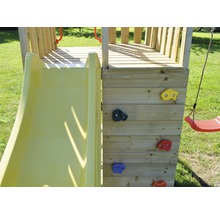 Spielturm Pinguin Holz mit Kletterwand, Schaukel, Sandkasten und Rutsche gelb