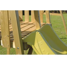 Spielturm Pinguin Holz mit Kletterwand, Schaukel, Sandkasten und Rutsche gelb