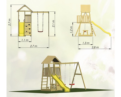 Image d''une tour de jeu avec balançoire et toboggan, ainsi que des indications de dimensions.