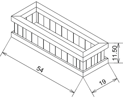 Technische Zeichnung eines Pflanzkastens mit Massangaben