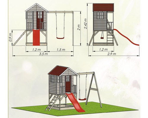Technische Zeichnung eines Spielhauses mit Schaukel und Rutsche mit Massangaben