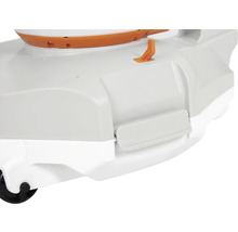 Detailansicht eines Poolsauger-Roboters mit Rädern und Klappe.