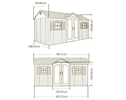 Abmessungen eines Gerätehauses in Zentimetern.