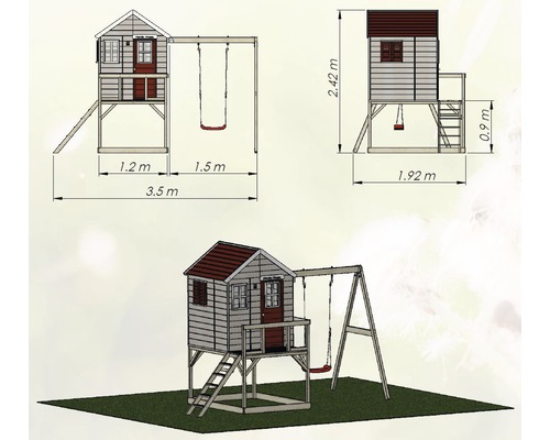 Illustration d''une cabane de jeux avec balançoire et indications de dimensions