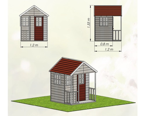 Illustration eines Spielhauses mit den Maßen 1,2 Meter mal 1,55 Meter.