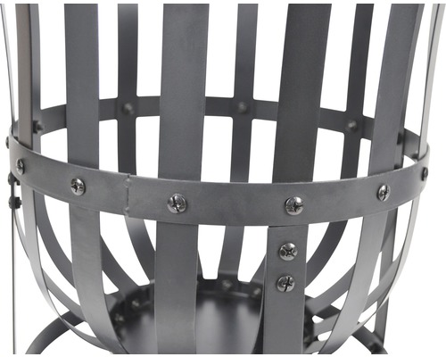 Detailansicht eines grauen Metall Feuerkorbs mit Schrauben