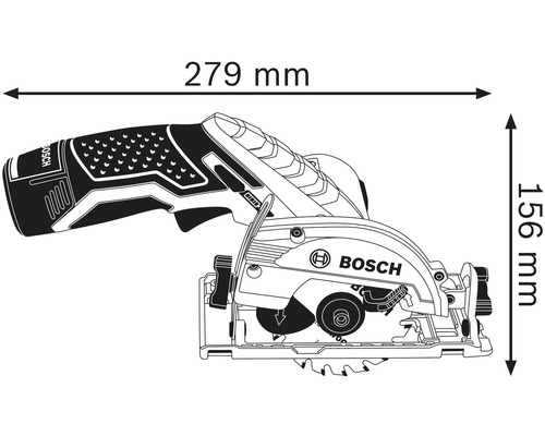 Image de la scie circulaire avec dimensions : 279 mm de longueur et 156 mm de hauteur.