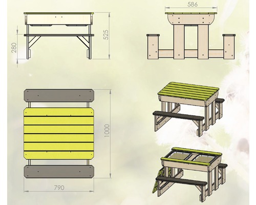 Dessin technique d''un ensemble de sièges pour enfants avec fonction bac à sable et dimensions