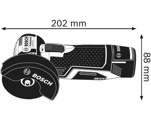 Meuleuse d''angle Bosch avec dimensions : 202 mm de longueur et 88 mm de hauteur.