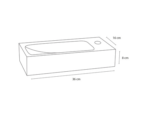 Schéma d''un lavabo mesurant 36 cm de long, 16 cm de large et 8 cm de haut.