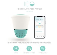 Poolanalysegerät neben einem Smartphone mit App-Anzeige
