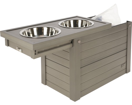 Station d''alimentation avec deux gamelles en acier inoxydable et tiroir