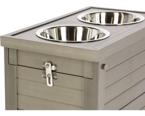 Bar pour chien avec gamelles en acier inoxydable et corps en bois