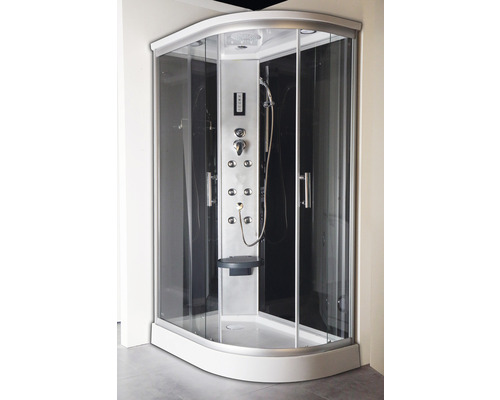 Dampfduschkabine mit Glasfront und Sitzgelegenheit