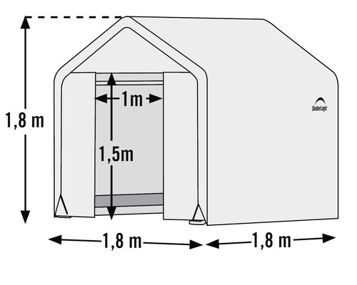 Abbildung eines Gerätezelts mit Größenangaben und ShelterLogic Logo.