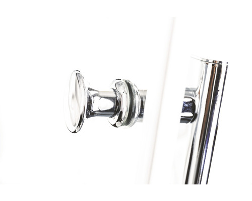 Detailaufnahme von einem Knopf und einem Griff aus Metall für eine Duschkabine.