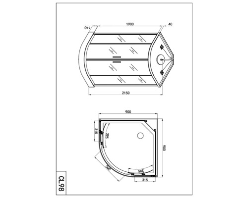 Technische Zeichnung einer Duschkabine mit Maßangaben