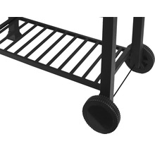 Chariot de barbecue avec grille de rangement et roues.