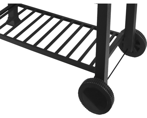 Chariot de barbecue avec grille de rangement et roues.