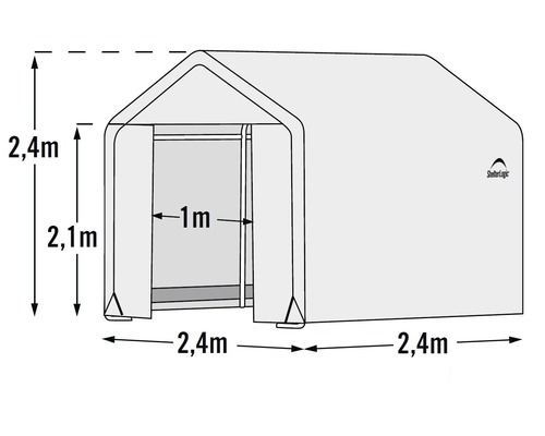 Abbildung eines Gerätezelts mit den Massen 2,4 Meter mal 2,4 Meter mal 2,4 Meter, die Türöffnung ist 1 Meter breit.