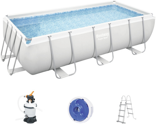 Kit de piscine hors sol tubulaire Bestway Power Steel™ rectangulaire 404x201x100 cm avec groupe de filtration à sable et échelle gris