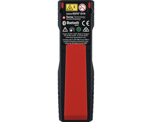 Rückseite des Leica Disto D110 Laser-Entfernungsmessers mit Informationen zu Laserklasse, Bluetooth und Konformität